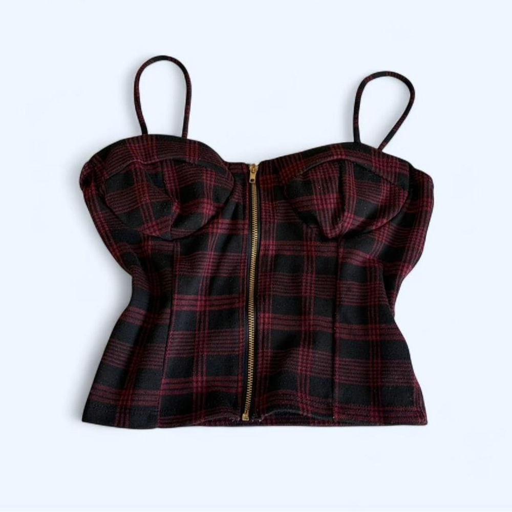 Liz & Sara Red Black Plaid Corset Top Zipper Front Cropped Bustier Medium